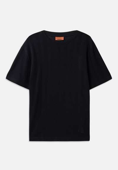 Black short-sleeve T-shirt featuring a herringbone texture, round neckline, and relaxed fit. Made from a lightweight, breathable fabric.