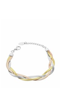 Bracciale in metallo con fili intrecciati nelle tonalità argento, oro e oro rosa. Chiusura a catena regolabile con gancio a molla e etichetta con logo.