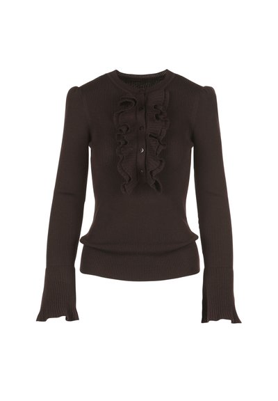 Brązowa top z długim rękawem, w prążki, z falbaną przy zakładce, z zapięciami na guziki i poszerzonymi mankietami, wykonany z miękkiego materiału.