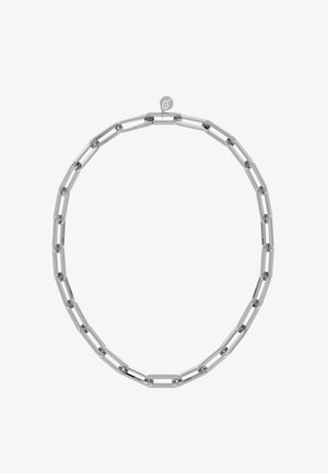 Collar de cadena de plata con eslabones alargados de acabado suave y acentos circulares, que muestra un diseño moderno y minimalista.