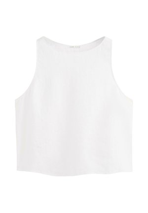 Fehér, ujjatlan, rövidített felső széles karöltőkkel és kerek nyakkivágással, könnyű anyagból készült.