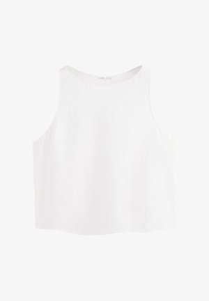 Bijela kratka majica bez rukava s širokim otvorima za ruke i okruglim izrezom, izrađena od lagane tkanine.