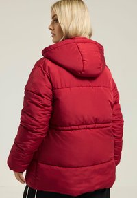 Veste doudoune rouge avec capuche, présentant un design matelassé, un rembourrage épais et des poignets élastiques. Le matériau semble brillant et lisse.
