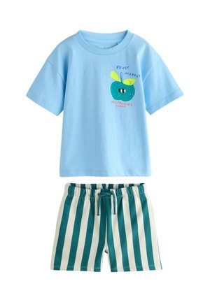 Light blue short-sleeve shirt with a green apple graphic and text paired with green and white vertical striped shorts with a drawstring waist.