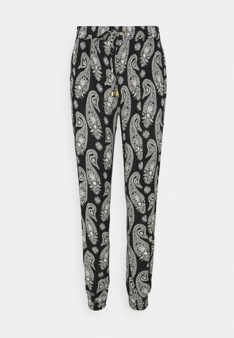 Pantalon noir avec motif paisley blanc, taille élastique avec cordon de serrage, chevilles élastiquées, tissu léger, texture lisse.