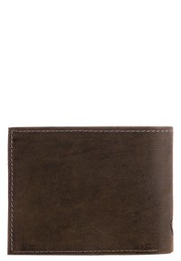 Bruine leren portefeuille met een textuur, dubbelgevouwen ontwerp en contrasterende witte stiksels langs de rand. Geen zichtbare logo's of hardware.