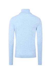 Hellblaues langärmliges Rollkragenpullover aus weichem Strickstoff. Hat ein figurbetontes Design und gerippte Akzente am Kragen und an den Bündchen.