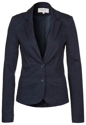 Donker marineblauw damesblazer met twee knopen, opstaande revers en voorste opgestikte zakken, afgebeeld op een witte achtergrond.