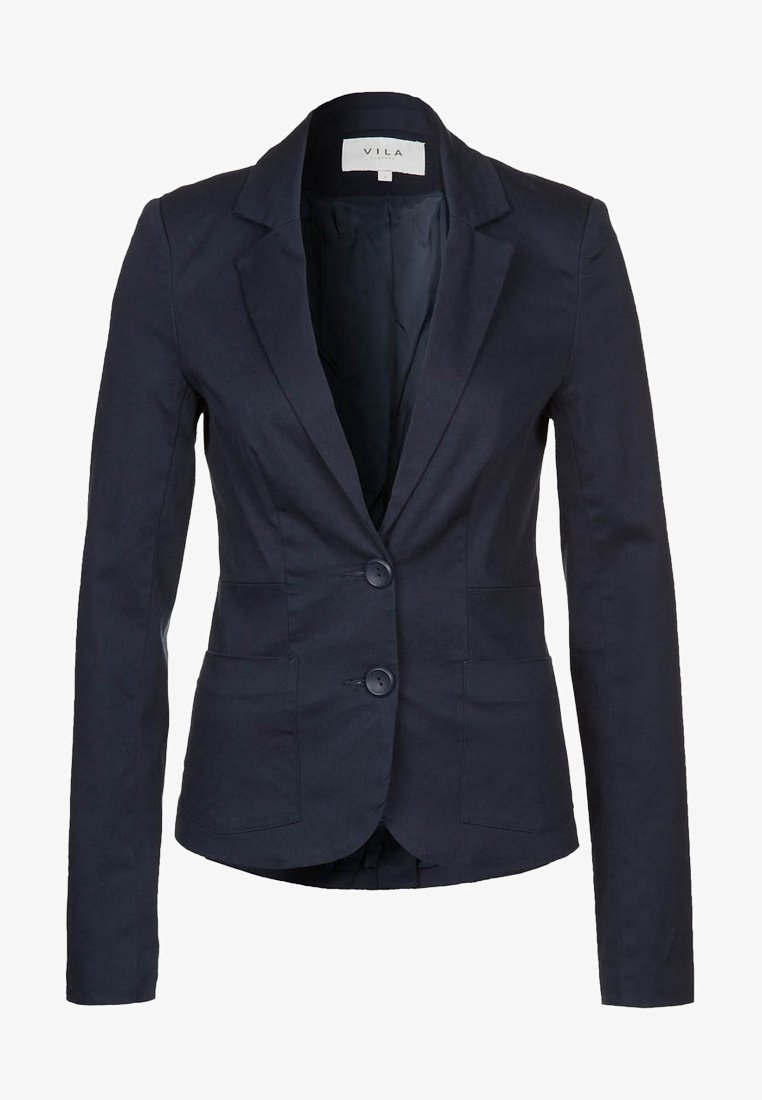 Blazer pour femme bleu marine foncé à deux boutons, revers crantés et poches plaquées à l'avant, présenté sur un fond blanc.