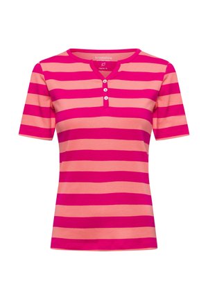 Kurzärmeliges Henley-Shirt in hellrosa und dunkelrosa horizontalen Streifen. Verfügt über drei Knöpfe am Halsausschnitt. Hergestellt aus Baumwolle.