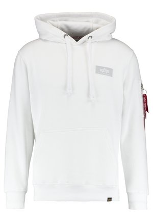 White hoodie made of soft fabric, featuring a front pocket, drawstrings, and a logo patch on the chest. Includes a zippered side pocket.