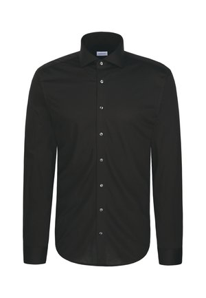 Camicia da uomo nera a maniche lunghe con collo a punta e bottoni frontali, mostrata su sfondo bianco.