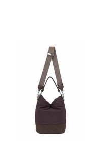 Donkerbruine stoffen bucketbag met brede verstelbare riem en donkerder lederen bodem op witte achtergrond.