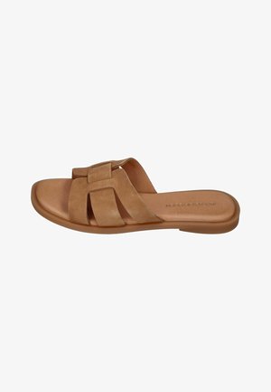 Brown leather slide sandal with wide crisscross straps and flat sole, angled side view on white background.