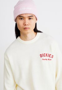 Pull en tricot blanc avec logo "DICKIES" brodé en rouge, col rond, porté avec un bonnet côtelé rose clair, arborant un texte blanc.