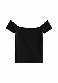 Top nero off-the-shoulder realizzato in tessuto testurizzato. Maniche corte, taglio dritto e design semplice senza fantasie né decorazioni.