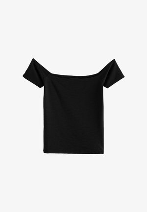 Mustat olkapään yli ulottuvat yläosat, jotka on valmistettu teksteeratuista kankaista. Lyhyet hihat, suora leikkaus ja yksinkertainen muotoilu ilman kuvioita tai koristeita.