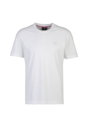 Schlichtes weißes T-Shirt mit kurzen Ärmeln und Rundhalsausschnitt, mit einem kleinen Ton-in-Ton-Logoemblem auf der linken Brust und einem schwarzen Innenschild am Kragen.