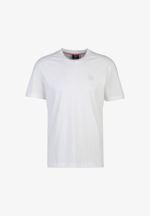 Effen witte T-shirt met korte mouwen en een ronde hals, met een klein tonale logembleem op de linkerborst en een zwart binnenlabel in de kraag.