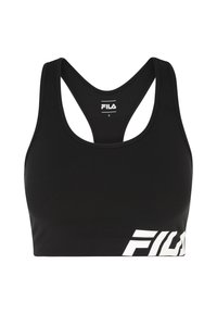 Czarny stanik sportowy z plecakiem. Wykonany z elastycznego materiału. Z przodu znajduje się wyraźne białe logo "FILA". Rozmiar: mały.