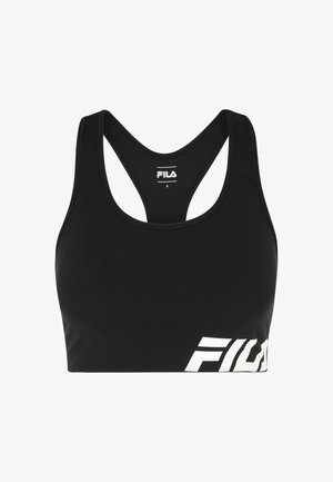 Sujeción deportiva negra con diseño de espalda nadadora. Fabricada con tela elástica. Presenta un prominente logo blanco de "FILA" en la parte frontal. Talla: pequeña.