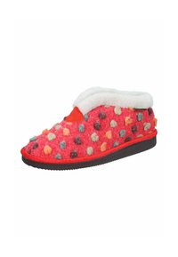 Red slipper with multicolored felt dots, white plush lining, and black sole, designed for indoor comfort and warmth.