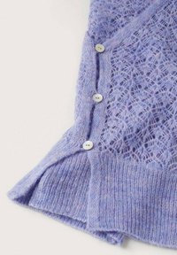 Lace-knit lavender cardigan with a soft texture, featuring white buttons and ribbed cuffs, showcasing an open design with side slits.