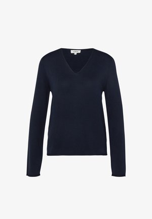 Marineblauwe trui met lange mouwen, V-hals, effen ontwerp en getailleerde pasvorm op een witte achtergrond.