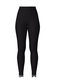 Leggings neri a coste con un design aderente e pizzo sul bordo. Texture morbida e stile a vita alta.
