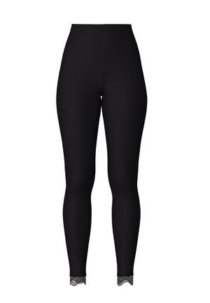 Leggings neri a coste con un design aderente e pizzo sul bordo. Texture morbida e stile a vita alta.