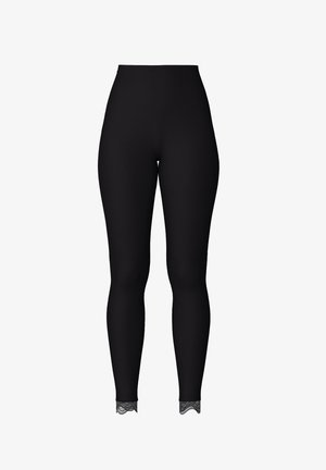 Black ribbed leggings with a form-fitting design and lace trim at the hem. Soft texture and high-waisted style.