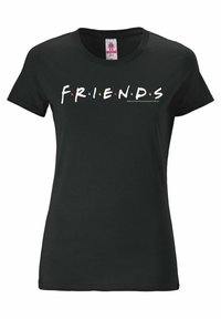 Black cotton t-shirt featuring the word "F.R.I.E.N.D.S" in white with colorful dots between the letters. Classic crew neckline.