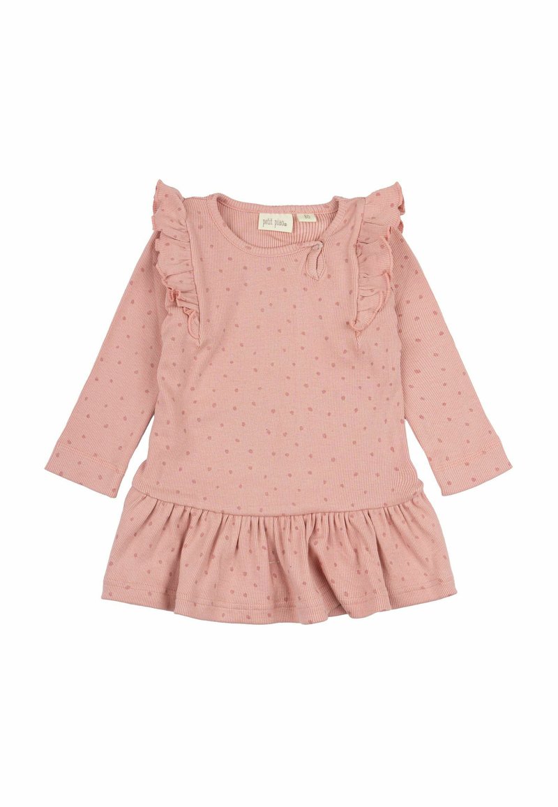 Abito lungo a maniche lunghe rosa con accenti di rouches, texture a pois e gonna arricciata. Realizzato in tessuto a coste, presenta un collo rotondo e dettagli con bottoni.