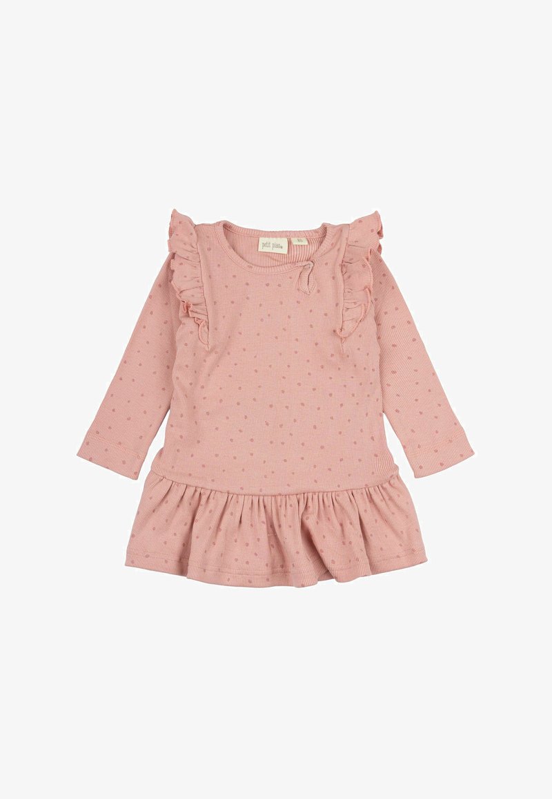 Abito lungo a maniche lunghe rosa con accenti di rouches, texture a pois e gonna arricciata. Realizzato in tessuto a coste, presenta un collo rotondo e dettagli con bottoni.