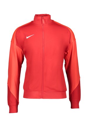 Rote Sportjacke mit durchgehendem Reißverschluss, langen Ärmeln, gerippten Bündchen und Saum sowie einem kleinen weißen Nike-Logo auf der rechten Brustseite.