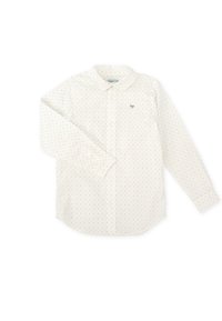 Camisa blanca de manga larga con lunares azul claro, cuello abotonado y logo de la marca en el pecho. Tejido suave y liso con un dobladillo curvado.
