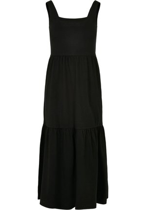 Schwarzes Maxikleid mit quadratischem Ausschnitt, ärmellosem Design und gestuften Rüschensaum. Aus weichem Stoff für hohen Komfort.