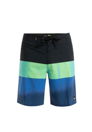 Men's swim trunks featuring a multi-color design with black, green, and blue horizontal stripes; material appears smooth with a subtle sheen.
