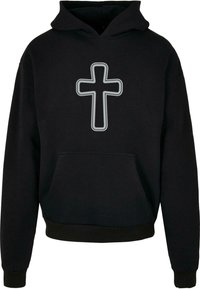 Sort hætte sweatshirts med et stort gråt korsdesign på forsiden, samt en kængurulomme og ribbede mansjetter og kant.
