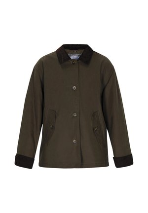 Olijfgroene jas met een bruine corduroy kraag, voor knoopsluiting en twee zijzakken. Heeft een recht model en lange mouwen.