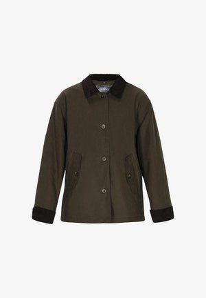 Jachetă verde măsliniu cu guler din catifea maro, închidere cu nasturi în față și două buzunare laterale. Prezintă o croială dreaptă și mâneci lungi.