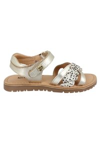 Guldmetallic lædersandaler har en leopardprint sløjfe, to justerbare stropper, en tekstureret sål og en beige indersål.