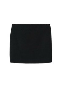 Jupe courte noire texturée unie avec une coupe droite et sans ornements ni motifs visibles, présentée sur un fond blanc.