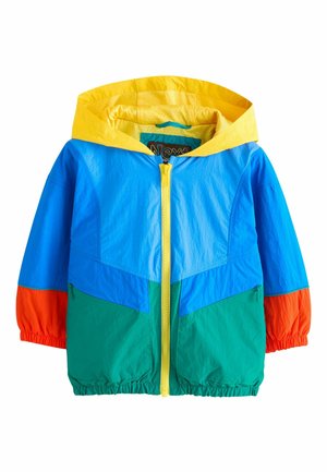 Children's hooded windbreaker jacket with yellow hood and zipper, blue upper body and sleeves, green lower body, and orange sleeve cuffs.