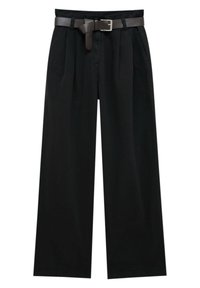 Czarne szerokie spodnie wykonane z bawełny, z paskiem w talii, plisowanym przodem i dwoma bocznymi kieszeniami. Gładka faktura i dopasowany krój.