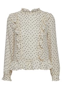 Blusa da donna color crema con motivo a cuori neri. Presenta dettagli con volant, collo alto e maniche lunghe con polsini a frufru. Tessuto leggero.