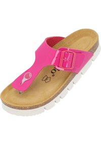 Rosa patenterad flip-flop sandal med korkfot sula, vit gummisula, justerbar spännband och en dekorativ loopdetalj på ovansidan.