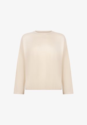 Crème lange mouwtop met een ronde halslijn, relaxed fit en zachte, gladde stof. Eenvoudig, onopgesmukt ontwerp met verlaagde schouders.