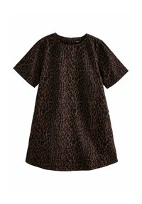 Leopardenmusterkleid in Braun und Schwarz. Kurze Ärmel, runder Halsausschnitt, lockere Passform, knielanges Design, Baumwollmaterial mit glatter Textur.