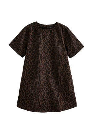 Leopard print dress in brown and black. Short sleeves, round neckline, loose fit, knee-length design, cotton material with smooth texture.
